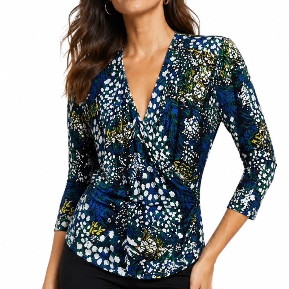 White House Black Market Boho Floral Surplice Wrap Top Blue Green XS NEW